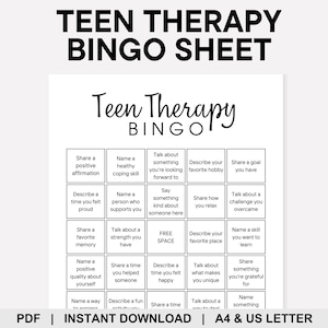 Bingo de terapia para adolescentes, bingo de salud mental, bingo imprimible, salud mental de los adolescentes, bingo para romper el hielo, juegos de terapia, terapia para adolescentes, terapia de juego