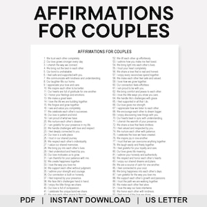 May include: A white printable sheet with the text "AFFIRMATIONS FOR COUPLES" in large black letters. The sheet contains a list of 92 affirmations for couples, designed to promote love and connection. The document is available as a PDF and US Letter size.