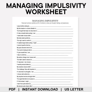 Puede incluir: Una hoja de trabajo blanca titulada "MANAGING IMPULSIVITY WORKSHEET" con indicaciones para completar. El texto incluye frases como "I pause before acting by" y "If I take a breath before acting, I can". El texto inferior dice "PDF | DESCARGA INSTANTÁNEA | US LETTER".