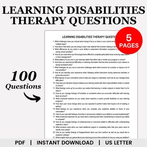 May include: A black and white printable worksheet with the title "Learning Disabilities Therapy Questions" and the text "100 Questions" in a large font. The worksheet contains 21 questions related to learning disabilities and therapy.