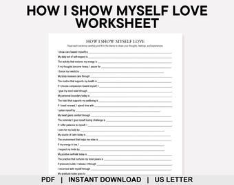 Hoja de trabajo sobre cómo me demuestro amor a mí mismo, Autocompasión, Amor propio, Crítico interno, Creencias fundamentales, Mentalidad de crecimiento, Gratitud, Aceptación radical