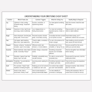 May include: A white sheet with the title "UNDERSTANDING YOUR EMOTIONS CHEAT SHEET" and a table detailing emotions, physical sensations, triggers, interpretations, and healthy responses. The table includes terms like "Joy," "Sadness," and "Anger."