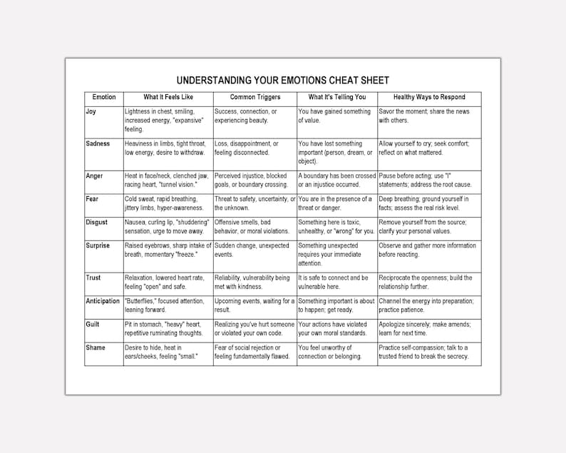 May include: A white sheet with the title "UNDERSTANDING YOUR EMOTIONS CHEAT SHEET" and a table detailing emotions, physical sensations, triggers, interpretations, and healthy responses. The table includes terms like "Joy," "Sadness," and "Anger."
