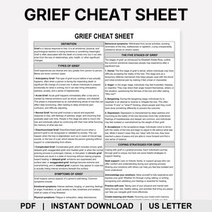 May include: A white informational document titled GRIEF CHEAT SHEET. It contains black text organized into sections including Definition, Types of Grief, Symptoms of Grief, The Five Stages of Grief, and Coping Strategies for Grief in a grid layout.