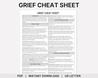 Grief Cheat Sheet, Grief and Loss, Types of Grief, Stages of Grief, Grief Tools, Grief Therapy, Grief Counseling, Bereavement Therapy
