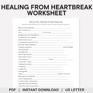 Può includere: Un foglio di lavoro intitolato "HEALING FROM HEARTBREAK WORKSHEET" con domande da completare per elaborare sentimenti ed esperienze. Il documento è disponibile in formato PDF per il download immediato, formato US Letter.