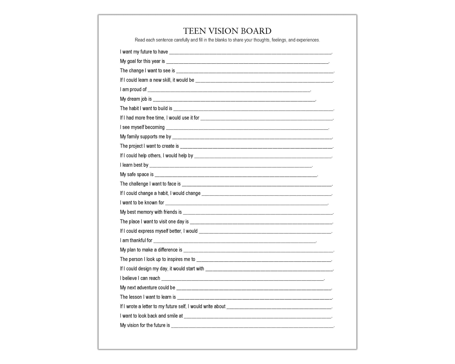 Teen Vision Board Worksheet, New Years Resolutions, Dream Board, Goal ...