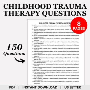Può includere: Un documento PDF stampabile in bianco e nero con il titolo "Domande di terapia del trauma infantile" e il testo "150 domande" in un carattere grande. Il documento contiene un elenco di 19 domande relative alla terapia del trauma infantile. Il documento indica anche che contiene 8 pagine.