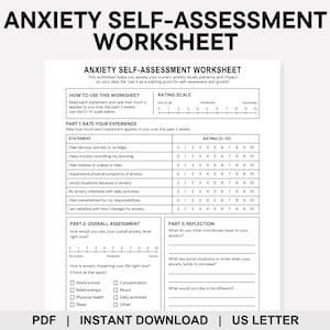 May include: A printable anxiety self-assessment worksheet on US Letter paper. The worksheet includes sections for rating experiences, overall assessment, and reflection. The text includes instructions and a rating scale from 0 to 10.