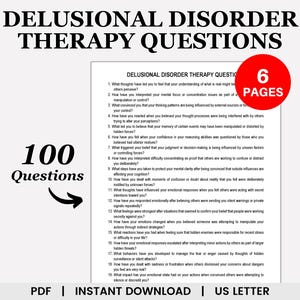 May include: A black and white image of a document with the title "Delusional Disorder Therapy Questions" and the text "100 Questions" in a large font. The document lists 19 questions related to delusional disorder therapy.