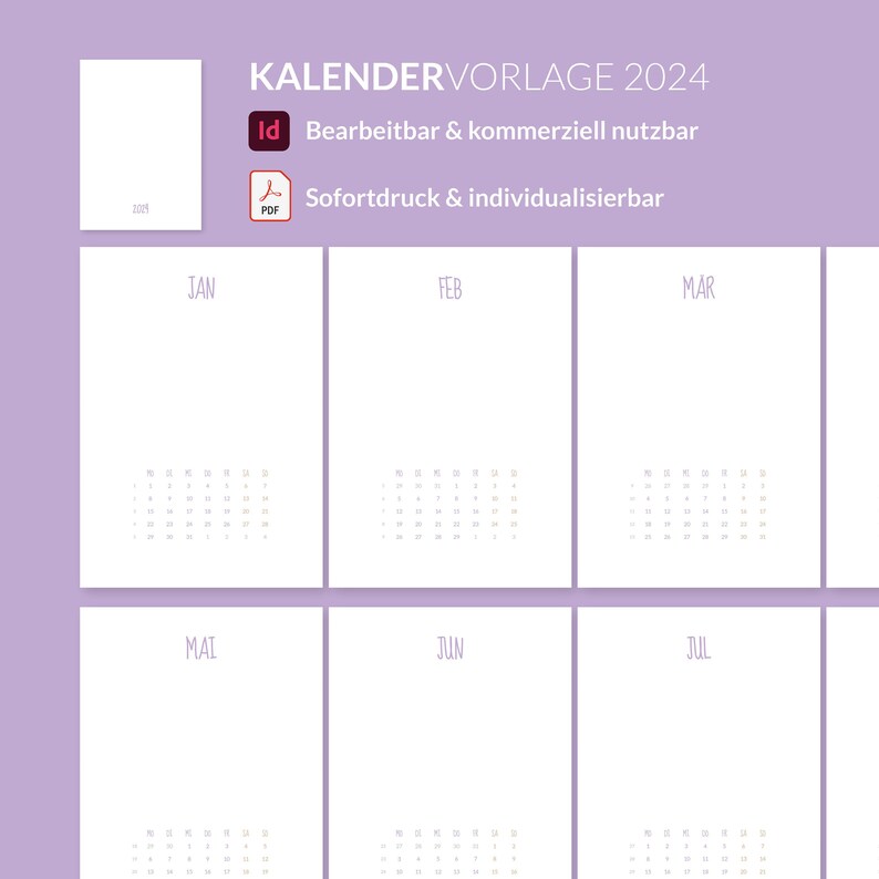 Kalender 2024 Vorlage PDF und InDesign IDML Sofort Etsy.de
