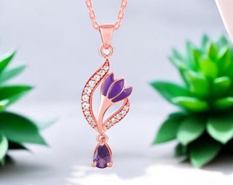 Rose Gold Floral Necklace: Purple Zircon Teardrop Pendant