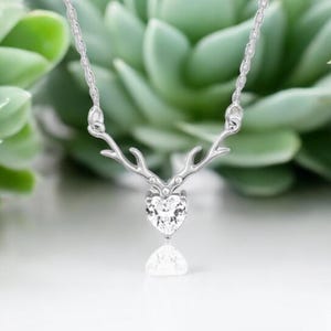 Silver Branch Necklace - Nature Inspired Jewelry - Heart Crystal Pendant - Woodland Bridal Necklace - Romantic Gift for Her