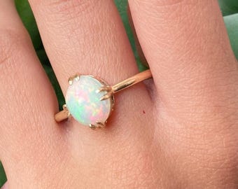 Natural Ethiopian Opal Ring – Oval Cabochon Solitaire – Dainty Rainbow Gemstone Ring – October Birthstone
