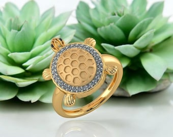 Anillo de tortuga de oro: joyería de plata de ley con animales del océano