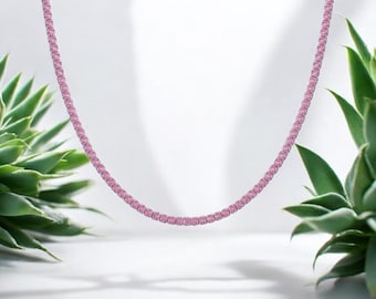 Pink CZ Tennis Necklace: Sterling Silver or Rose Gold Finish
