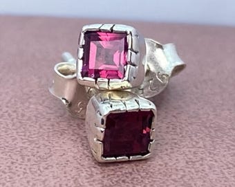 Garnet Stud Earrings: January Birthstone, Square Gemstone, Minimalist Style