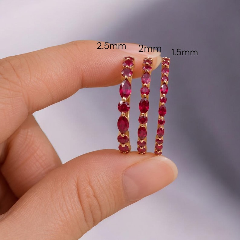 Delicate Ruby Gold Stacking Ring | Marquise & Round Natural Ruby Eternity Band | Dainty Gemstone Anniversary Gift for Her | July Birthstone image 2