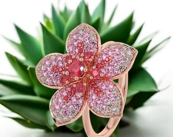 Floral Pink Sapphire Statement Ring | Rose Gold Sterling Silver Ring | Diamond Accent Flower Ring | Vintage Inspired Jewelry | Gift for Her