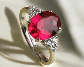 Oval Red Gemstone Engagement Ring: Sterling Silver Three Stone Ring
