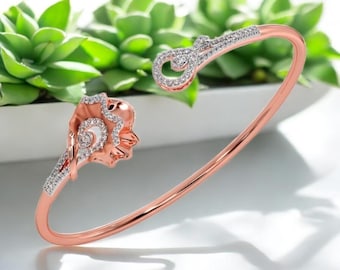 Rose Gold Moissanite Floral Bangle • Sterling Silver Open Cuff Bracelet