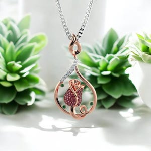 Rose Gold Floral Pendant – Ruby Rose Necklace – Elegant Nature Jewelry – Romantic Gift for Her – Handmade Anniversary Necklace