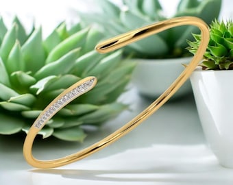 Minimalist Gold Sterling Silver Cuff Bracelet – Crystal Accents Open Bangle