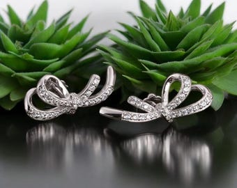 Sterling Silver Bow Stud Earrings: Zircon Crystal Ribbon Design
