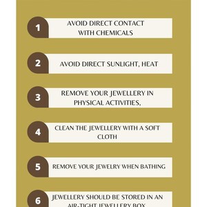 May include: An informational graphic titled Jewellery care tips with a gold background and white text boxes. It lists six numbered instructions for jewellery maintenance, including avoiding chemicals, sunlight, heat, and water, plus storage advice.