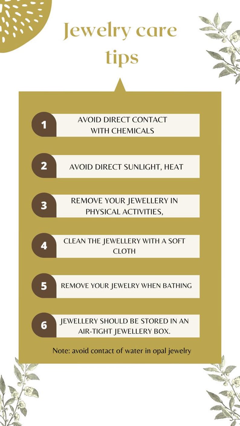 May include: An informational graphic titled Jewellery care tips with a gold background and white text boxes. It lists six numbered instructions for jewellery maintenance, including avoiding chemicals, sunlight, heat, and water, plus storage advice.