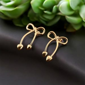 Gold Bow Earrings - Heart Drop Earrings - Cute Stud Earrings for Women - Minimalist Gold Jewelry - Gift for Her - Dainty Earrings
