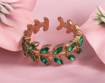 Gold Leaf Vine Ring: Emerald Green Gem, Adjustable Botanical Jewelry