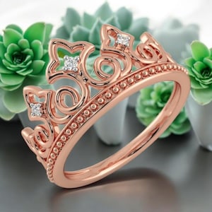 Rose Gold Crown Ring, Princess Tiara Stacking Ring, Dainty Fairytale Jewelry Elegant CZ Promise Ring, Romantic Dainty Ring Gift for Her