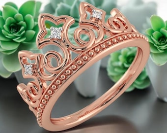 Rose Gold Crown Ring: Sterling Silver Princess Tiara CZ Jewelry