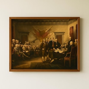 May include: A framed historical painting showing a group of men in formal attire in a room. The artwork has a dark colour palette, focusing on the figures and their interactions. The frame is made of wood.