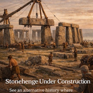 Puede incluir: Una representación artística de Stonehenge en construcción, con ingenieros antiguos y tecnología avanzada. La imagen muestra la construcción de la estructura de piedra con una gran piedra que se levanta en su lugar. El texto dice "Stonehenge Under Construction".