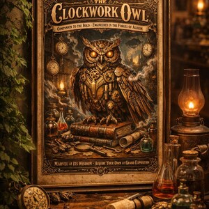 May include: A framed print featuring a steampunk owl with clockwork details, the text "The Clockwork Owl" and "Companion to the Bold - Engineered in the Forges of Albion". The image includes books, vials, and clocks.