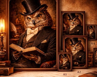 Victorian Owl Gentleman Professor Poster | Absurd Anthropomorphic Owl Print | Whimsigoth Gothic Wall Art Digital Download | Dark Academia