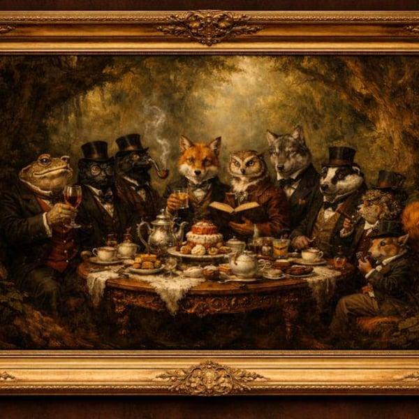 Absurdy w stylu wiktoriańskim | Arystokratyczny wydruk z motywem zwierzęcego przyjęcia herbacianego | Gotycka satyra do pobrania w wersji cyfrowej