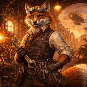 Może przedstawiać: Steampunkowa ilustracja lisa w skórzanej kamizelce i goglach, trzymającego klucz. Tło przedstawia maszyny przemysłowe, panoramę miasta i sterowiec w ciepłej, złotej palecie barw.