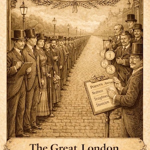 Victorian Absurdities Print | The Great London Queue Championships 1893 | Funny Victorian Wall Art | Satirical History Poster