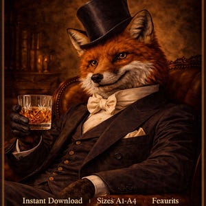 May include: Digital print of "Victorian Absurdities" featuring a fox in a suit and top hat, holding a whiskey glass. The image includes text that reads "Instant Download" and "Download & Print Today!" Sizes A1-A4 are available.