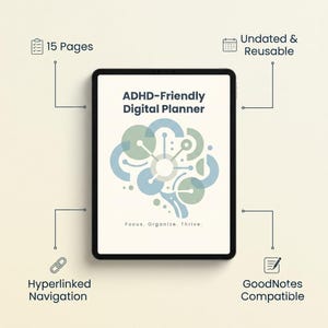 Agenda digitale per ADHD / GoodNotes senza date, navigazione con collegamenti ipertestuali, menu Dopamine (download digitale)