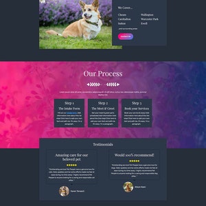 May include: Website homepage for The Pet People, a pet care service in Cheam and surrounding areas. The website features a pink and black color scheme with images of dogs and a cat. The website offers services such as dog walking, pet sitting, and pet boarding.