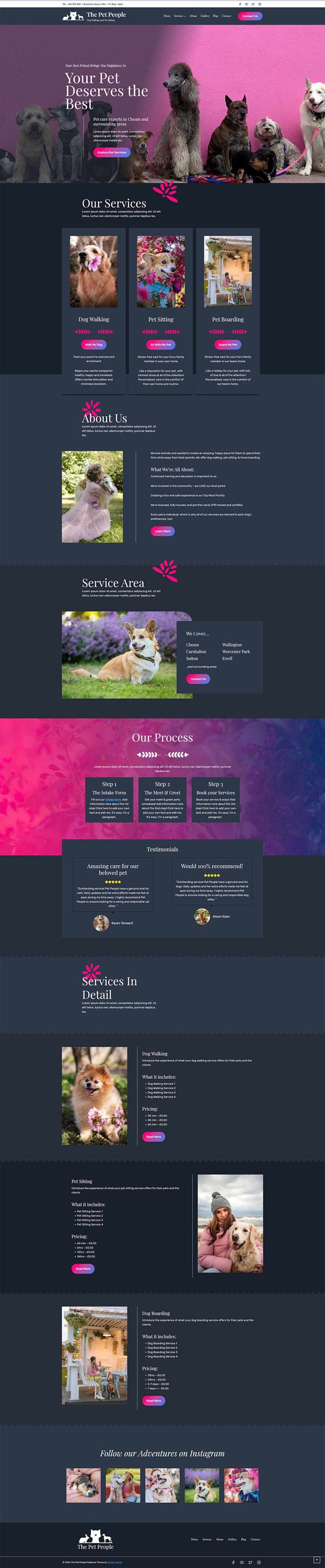 May include: Website homepage for The Pet People, a pet care service in Cheam and surrounding areas. The website features a pink and black color scheme with images of dogs and a cat. The website offers services such as dog walking, pet sitting, and pet boarding.