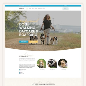 Op de afbeelding: Een website-homepage voor een hondenuitlaatservice, dagopvang en pension genaamd Pawfect. De website toont een vrouw die drie honden aan de lijn leidt, met een gele achtergrond en de tekst "professional dog walking, daycare & boarding".