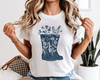 Floral Rain Boots T-shirt | Botanical Wellies Tee, Retro Illustration, Wellington Boots, Wildlife, Country, Cottagecare, Unisex