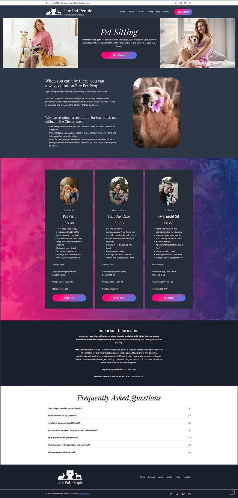 May include: Website for The Pet People, a pet sitting service in Cheam, UK. The website features images of dogs and people, and offers services like pet visits, half-day care, and overnight sitting. The website also includes a section with frequently asked questions.