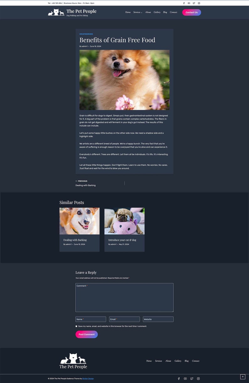 May include: A blog post about the benefits of grain-free food for dogs. The post features a photo of a fluffy orange Pomeranian dog with pink flowers in the background. The text on the page discusses the digestive issues that can arise from feeding dogs grain and the benefits of a grain-free diet.