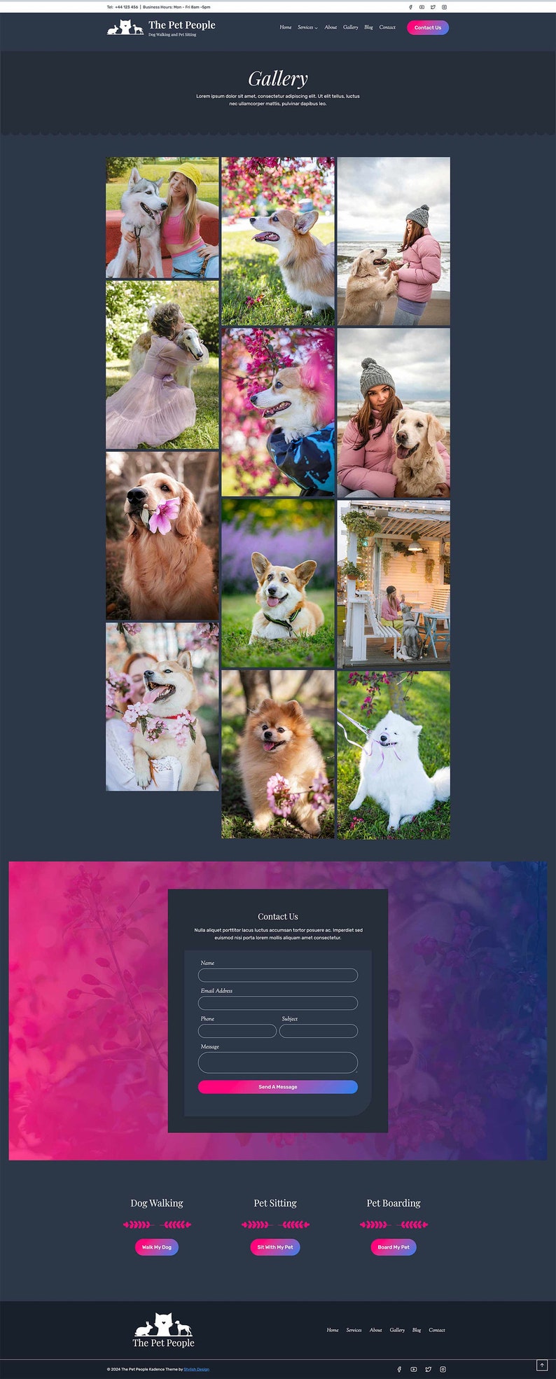 May include: A website for a pet care service called "The Pet People". The website features a gallery of images of dogs and their owners, a contact form, and information about the services offered, including dog walking, pet sitting, and pet boarding.